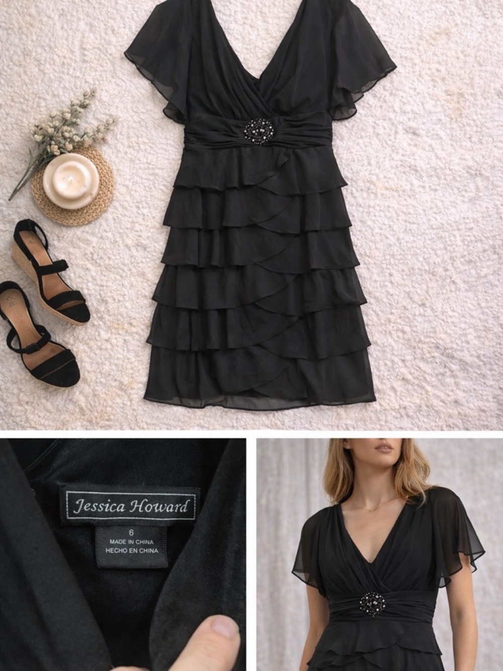 Jessica Howard Black Tiered Ruffle V-Neck Cocktail Dress